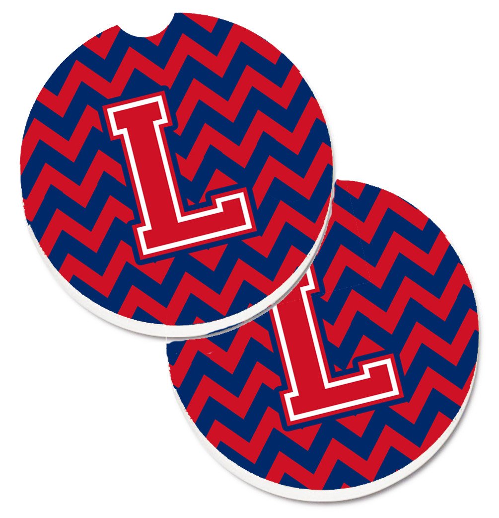 Letter L Chevron Yale Blue and Crimson Set of 2 Cup Holder Car Coasters CJ1054-LCARC by Caroline's Treasures