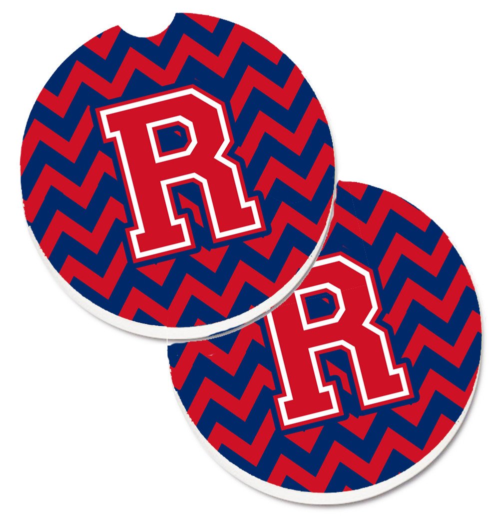 Letter R Chevron Yale Blue and Crimson Set of 2 Cup Holder Car Coasters CJ1054-RCARC by Caroline's Treasures