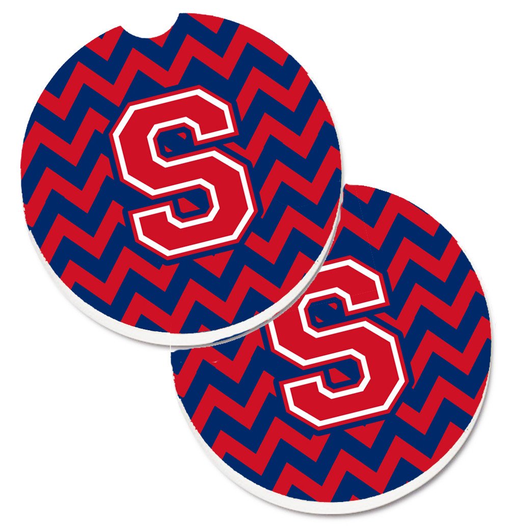 Letter S Chevron Yale Blue and Crimson Set of 2 Cup Holder Car Coasters CJ1054-SCARC by Caroline's Treasures