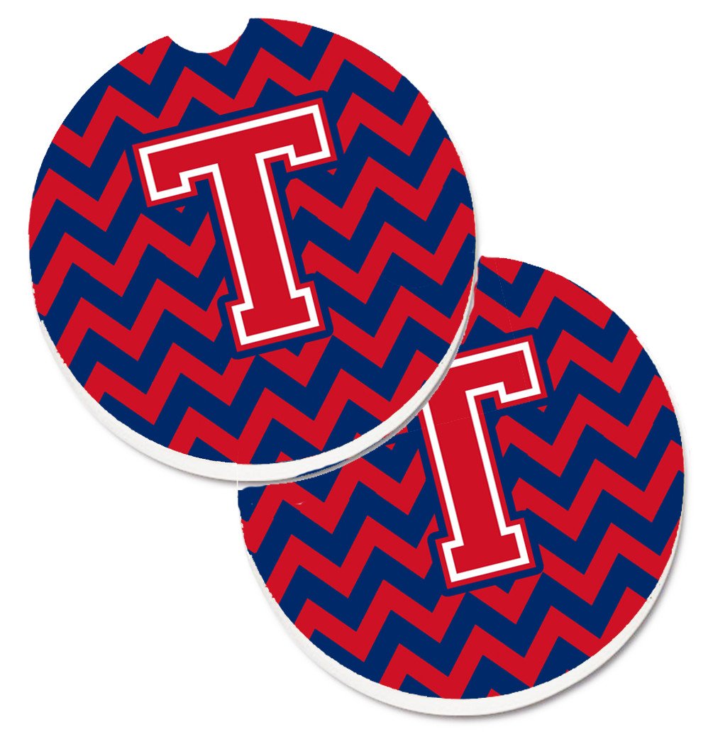 Letter T Chevron Yale Blue and Crimson Set of 2 Cup Holder Car Coasters CJ1054-TCARC by Caroline's Treasures