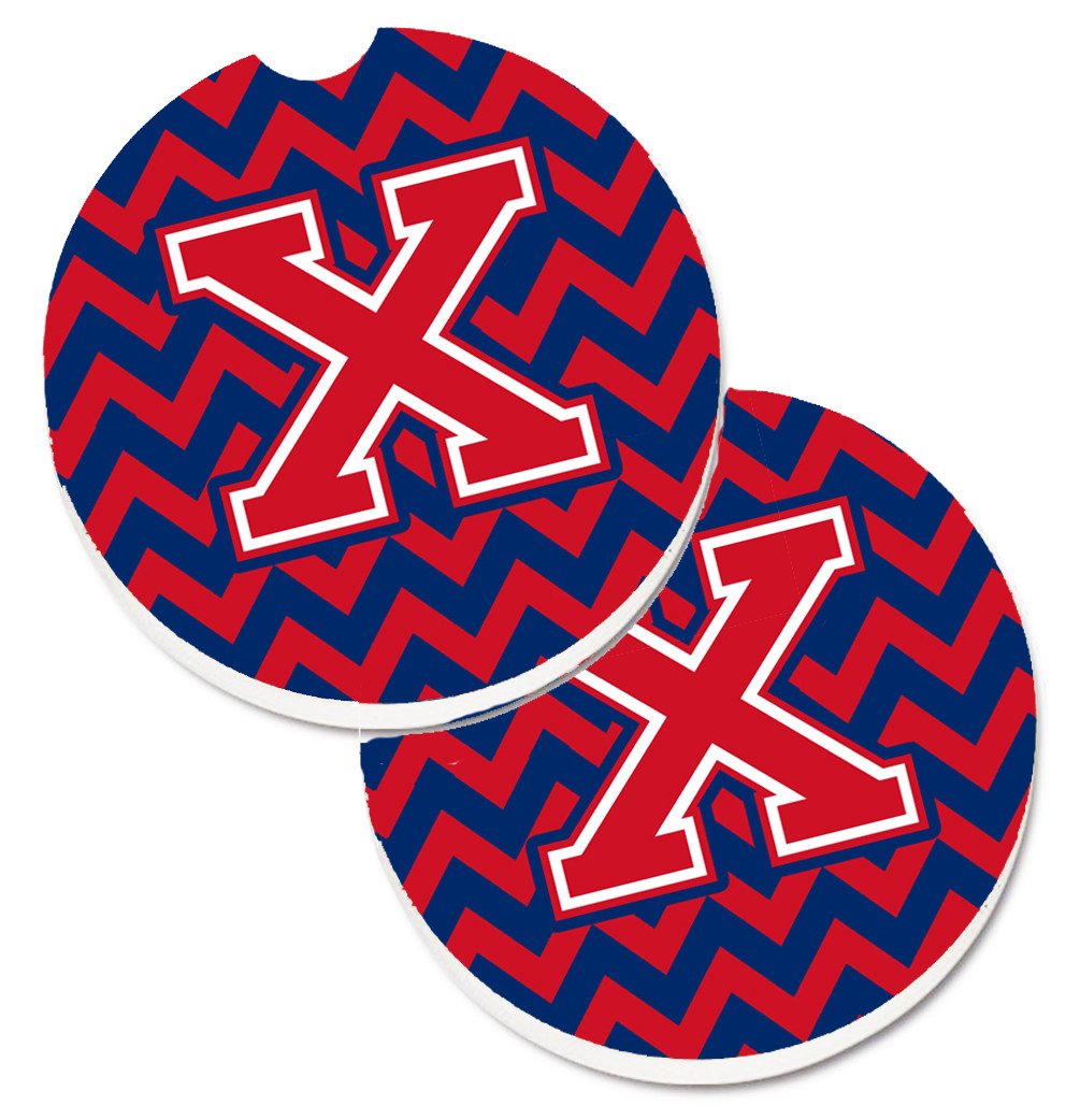 Letter X Chevron Yale Blue and Crimson Set of 2 Cup Holder Car Coasters CJ1054-XCARC by Caroline's Treasures