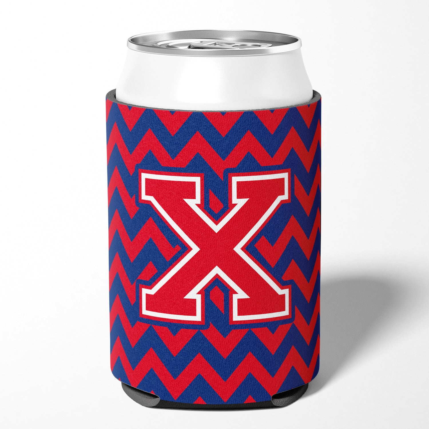 Letter X Chevron Yale Blue and Crimson Can or Bottle Hugger CJ1054-XCC.