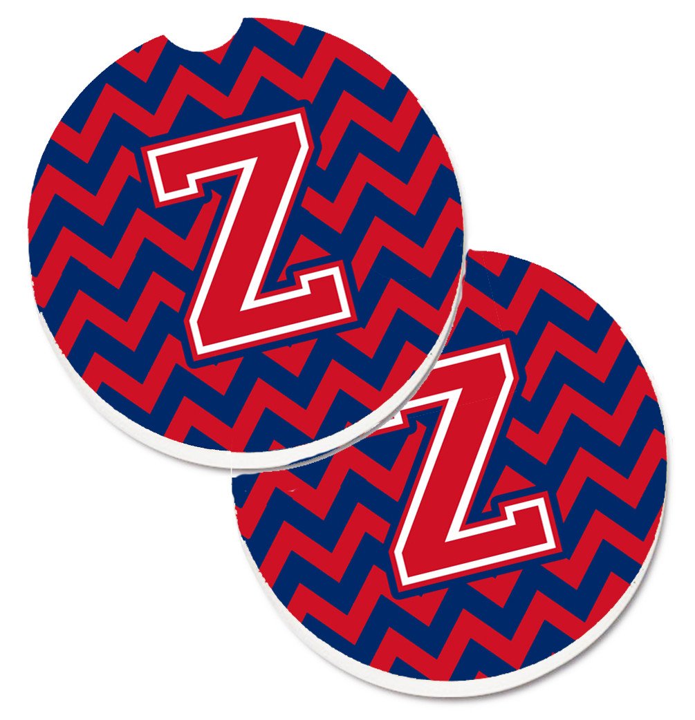 Letter Z Chevron Yale Blue and Crimson Set of 2 Cup Holder Car Coasters CJ1054-ZCARC by Caroline's Treasures
