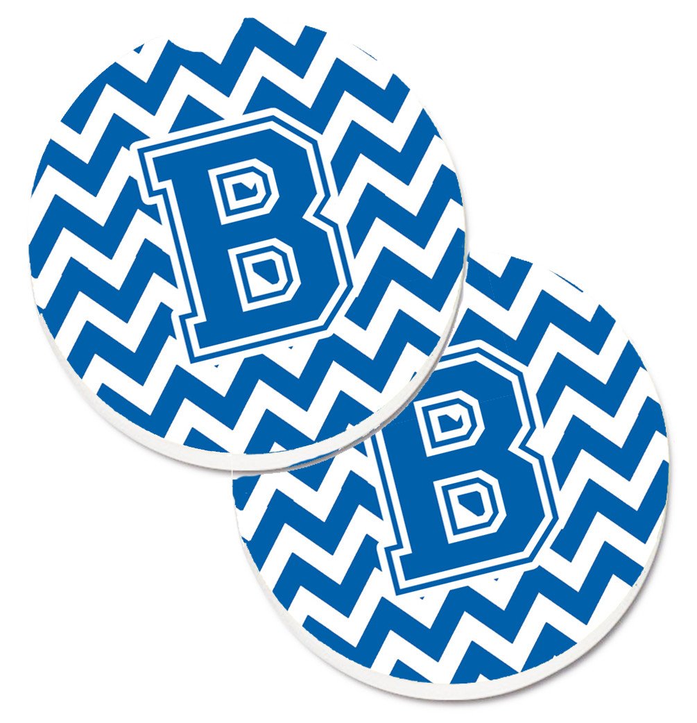Letter B Chevron Blue and White Set of 2 Cup Holder Car Coasters CJ1056-BCARC by Caroline's Treasures