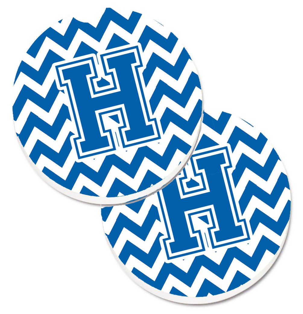 Letter H Chevron Blue and White Set of 2 Cup Holder Car Coasters CJ1056-HCARC by Caroline's Treasures