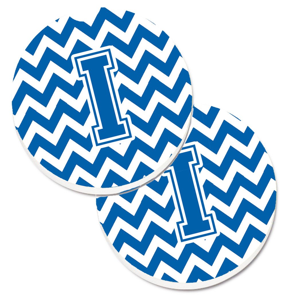 Letter I Chevron Blue and White Set of 2 Cup Holder Car Coasters CJ1056-ICARC by Caroline's Treasures