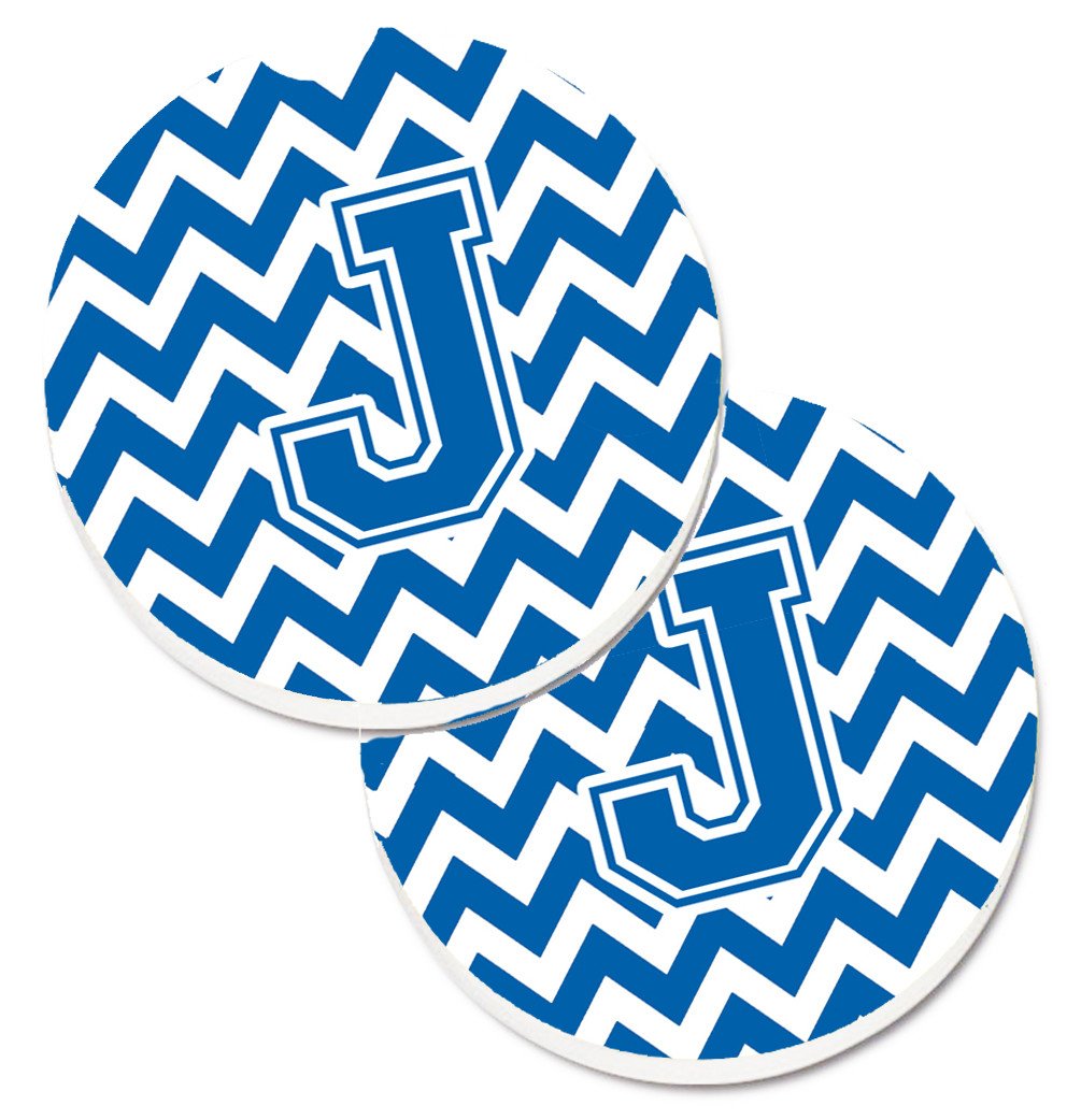 Letter J Chevron Blue and White Set of 2 Cup Holder Car Coasters CJ1056-JCARC by Caroline's Treasures