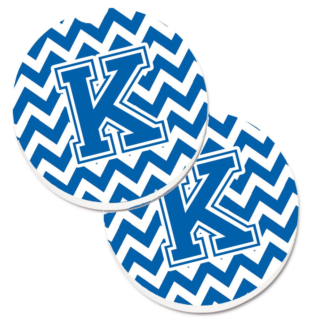 Letter K Chevron Blue and White Set of 2 Cup Holder Car Coasters CJ1056-KCARC by Caroline's Treasures