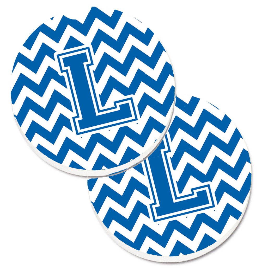 Letter L Chevron Blue and White Set of 2 Cup Holder Car Coasters CJ1056-LCARC by Caroline's Treasures