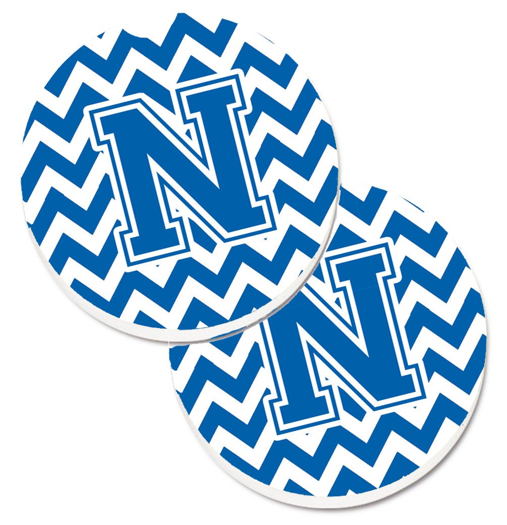 Letter N Chevron Blue and White Set of 2 Cup Holder Car Coasters CJ1056-NCARC by Caroline's Treasures