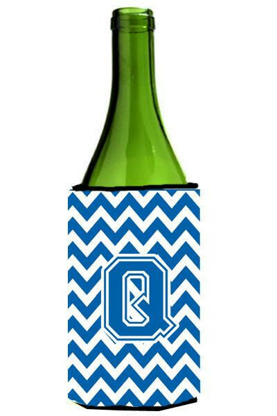 Letter Q Chevron Blue and White Wine Bottle Beverage Insulator Hugger CJ1056-QLITERK by Caroline's Treasures