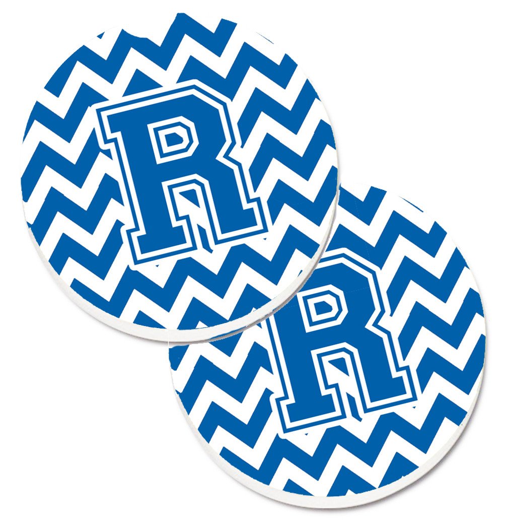 Letter R Chevron Blue and White Set of 2 Cup Holder Car Coasters CJ1056-RCARC by Caroline's Treasures