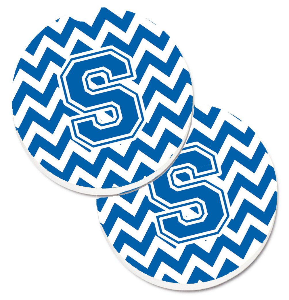 Letter S Chevron Blue and White Set of 2 Cup Holder Car Coasters CJ1056-SCARC by Caroline's Treasures