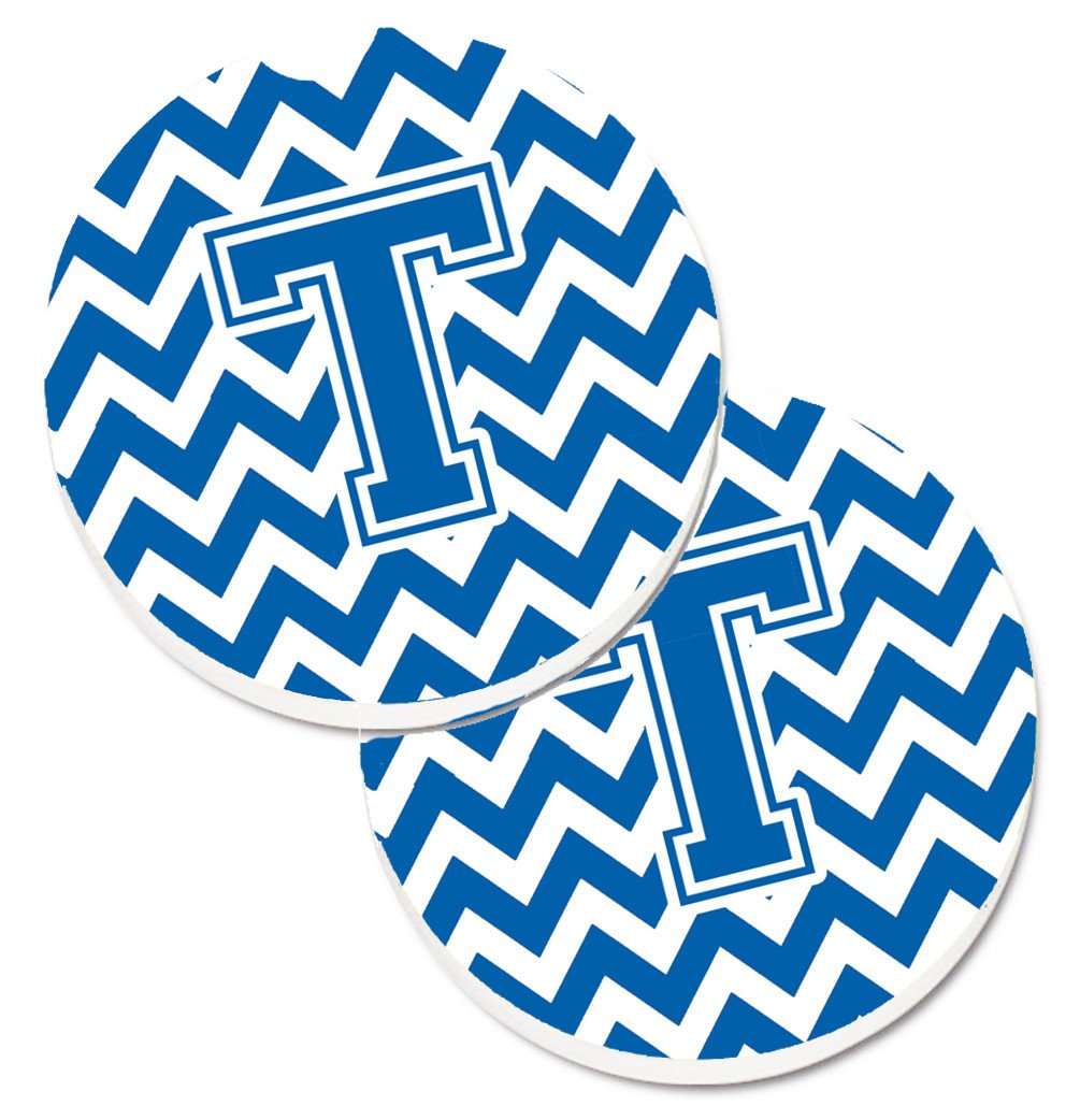 Letter T Chevron Blue and White Set of 2 Cup Holder Car Coasters CJ1056-TCARC by Caroline's Treasures