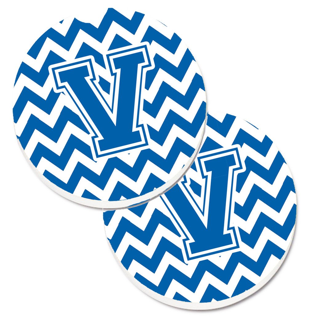 Letter V Chevron Blue and White Set of 2 Cup Holder Car Coasters CJ1056-VCARC by Caroline's Treasures