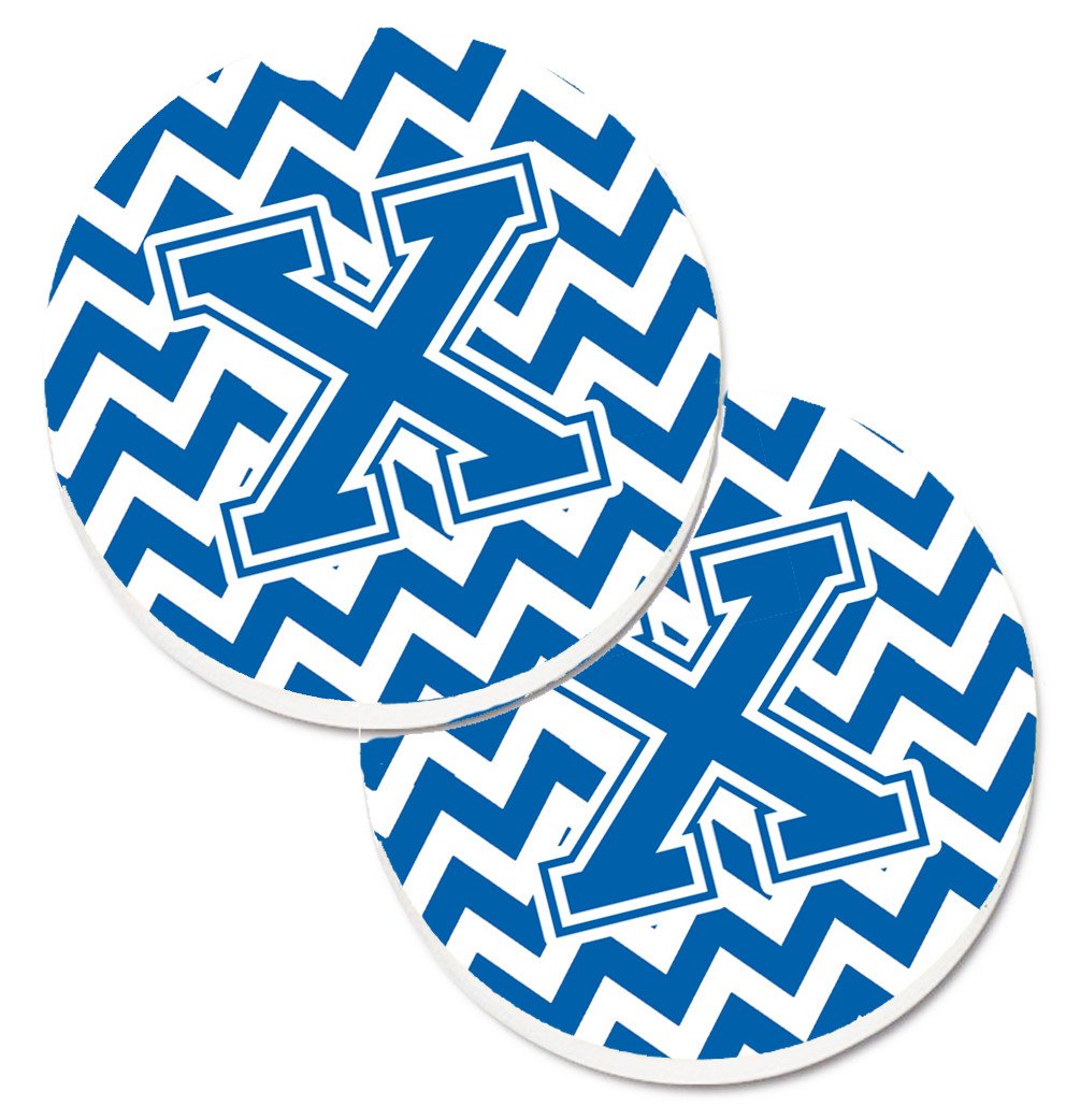 Letter X Chevron Blue and White Set of 2 Cup Holder Car Coasters CJ1056-XCARC by Caroline's Treasures