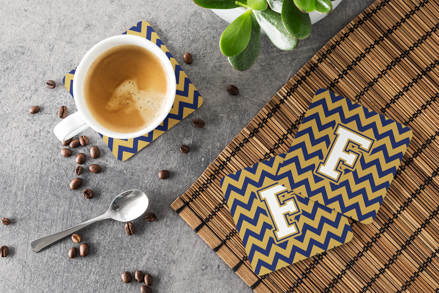 Set of 4 Letter F Chevron Navy Blue and Gold Foam Coasters Set of 4 CJ1057-FFC - the-store.com