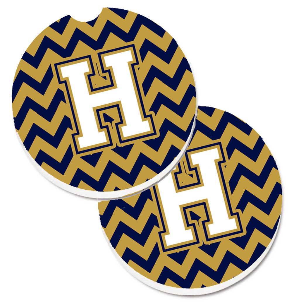 Letter H Chevron Navy Blue and Gold Set of 2 Cup Holder Car Coasters CJ1057-HCARC by Caroline's Treasures