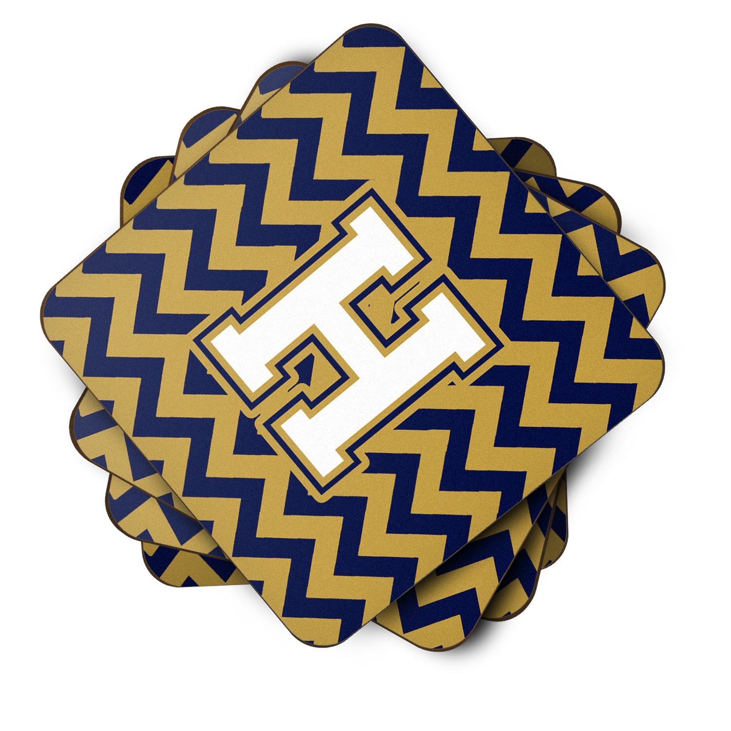 Letter H Chevron Navy Blue and Gold Foam Coaster Set of 4 CJ1057-HFC - the-store.com
