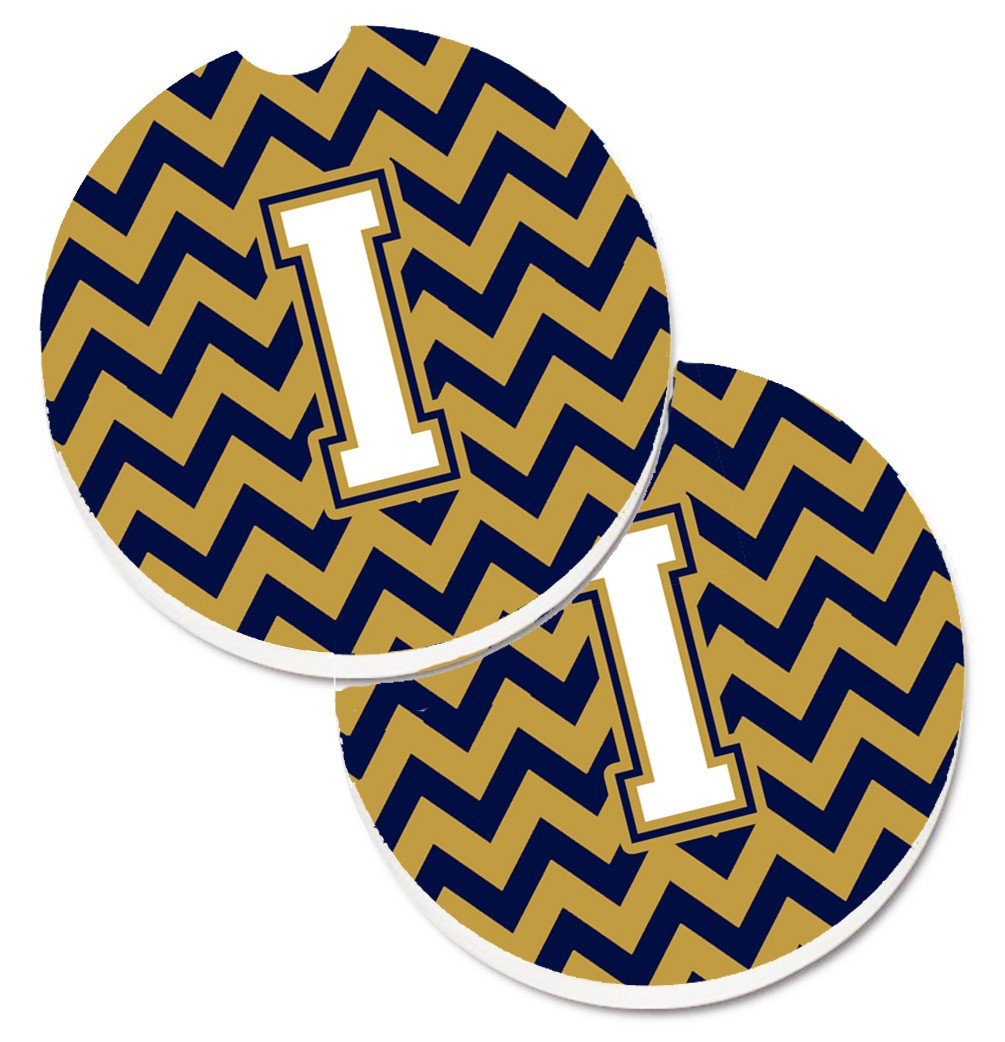 Letter I Chevron Navy Blue and Gold Set of 2 Cup Holder Car Coasters CJ1057-ICARC by Caroline's Treasures