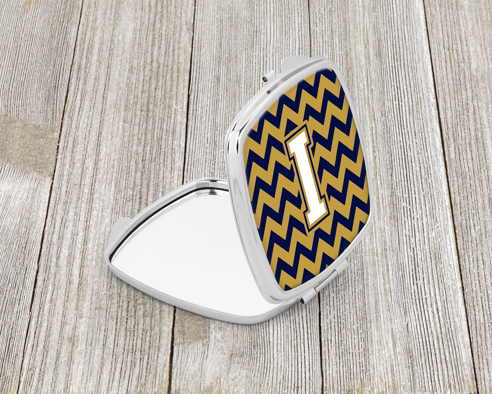 Letter I Chevron Navy Blue and Gold Compact Mirror CJ1057-ISCM