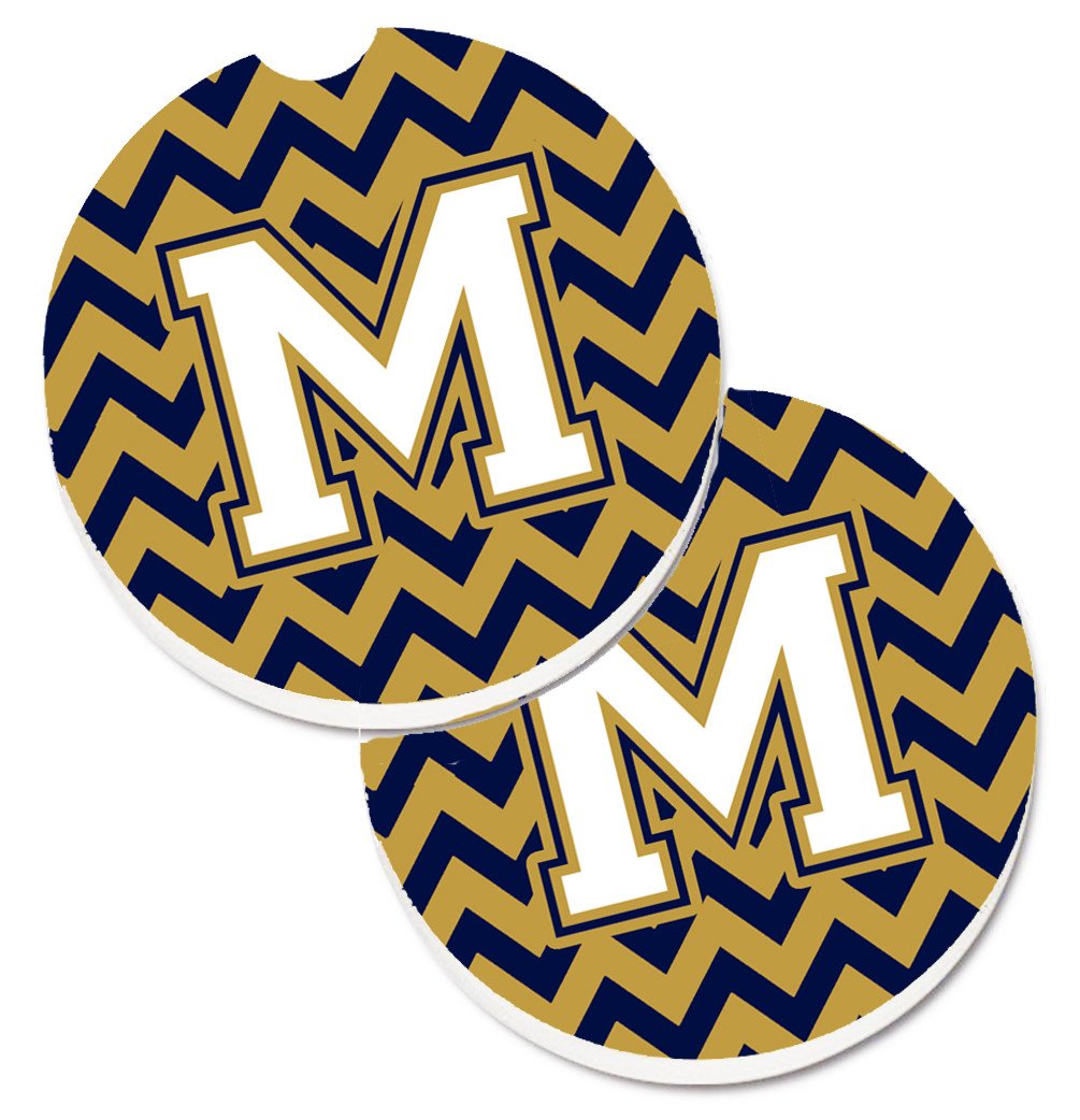 Letter M Chevron Navy Blue and Gold Set of 2 Cup Holder Car Coasters CJ1057-MCARC by Caroline's Treasures