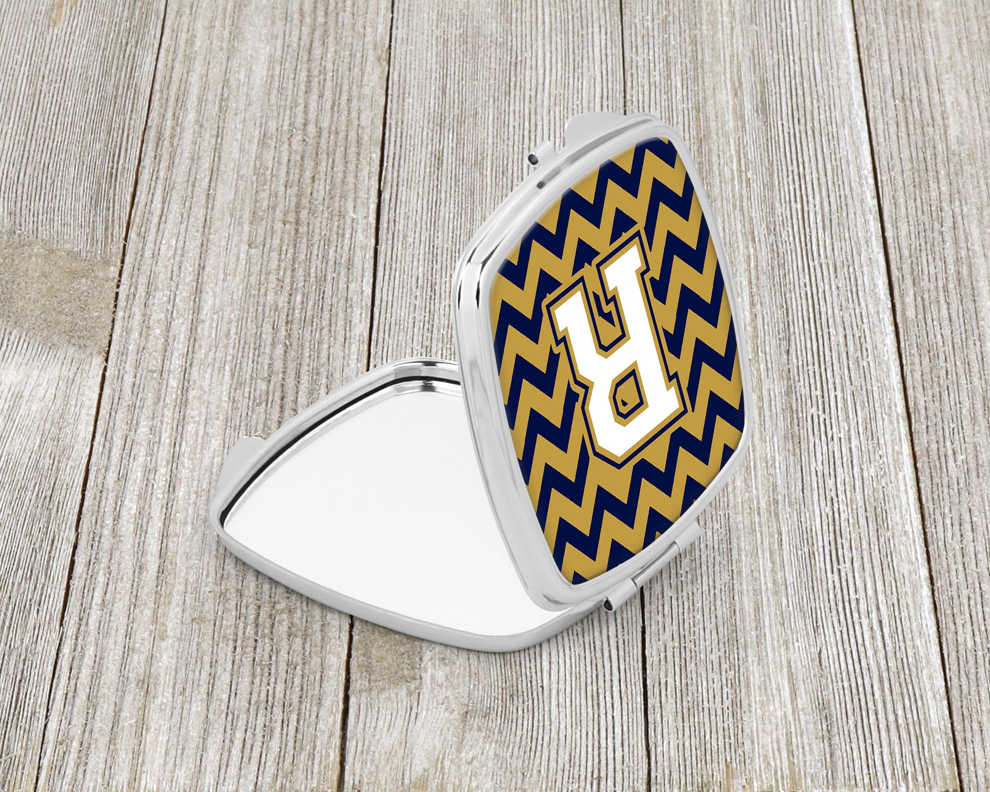 Letter R Chevron Navy Blue and Gold Compact Mirror CJ1057-RSCM