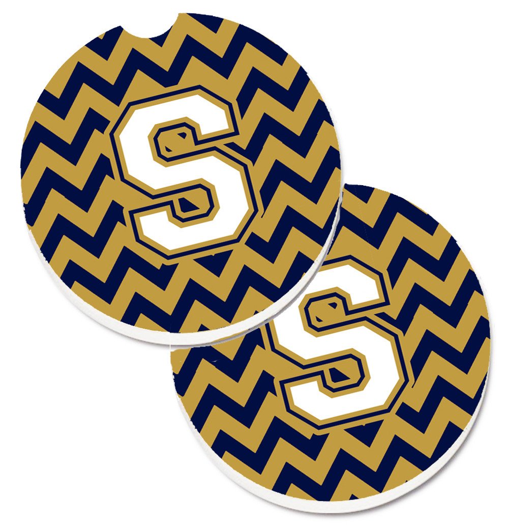 Letter S Chevron Navy Blue and Gold Set of 2 Cup Holder Car Coasters CJ1057-SCARC by Caroline's Treasures
