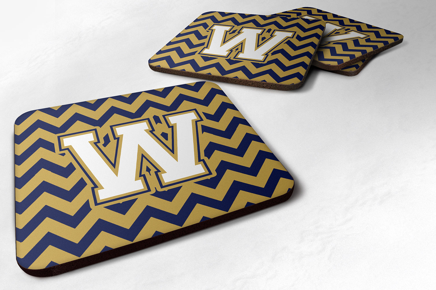 Letter W Chevron Navy Blue and Gold Foam Coaster Set of 4 CJ1057-WFC - the-store.com