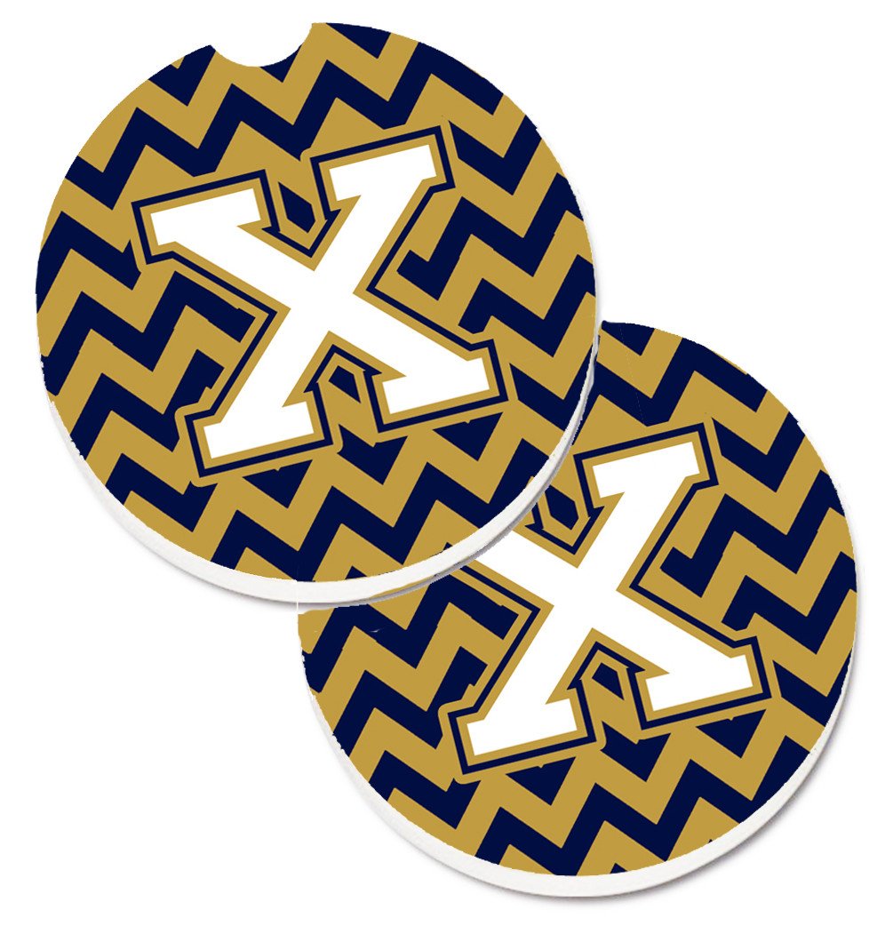 Letter X Chevron Navy Blue and Gold Set of 2 Cup Holder Car Coasters CJ1057-XCARC by Caroline's Treasures
