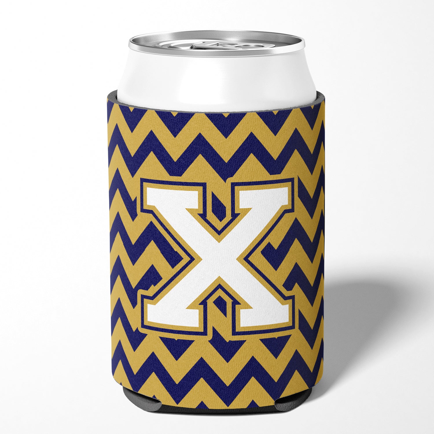 Letter X Chevron Navy Blue and Gold Can or Bottle Hugger CJ1057-XCC.