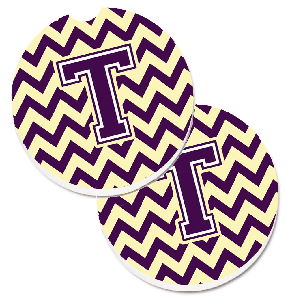Letter T Chevron Purple and Gold Set of 2 Cup Holder Car Coasters CJ1058-TCARC by Caroline's Treasures