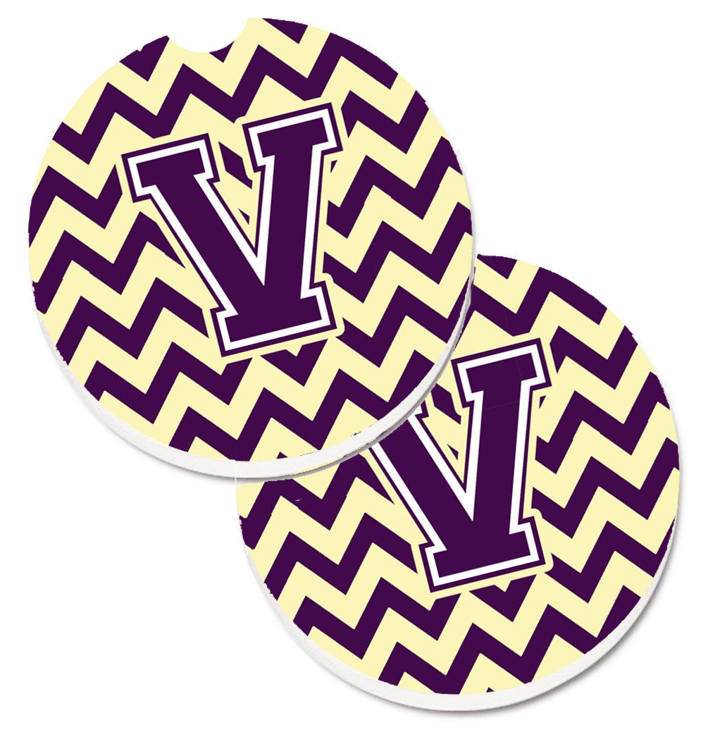 Letter V Chevron Purple and Gold Set of 2 Cup Holder Car Coasters CJ1058-VCARC by Caroline&#39;s Treasures