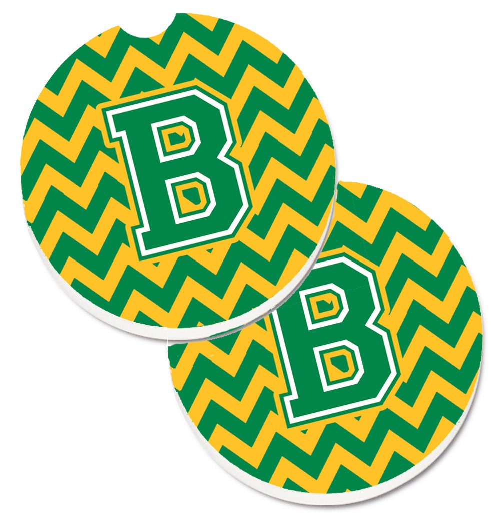 Letter B Chevron Green and Gold Set of 2 Cup Holder Car Coasters CJ1059-BCARC by Caroline's Treasures