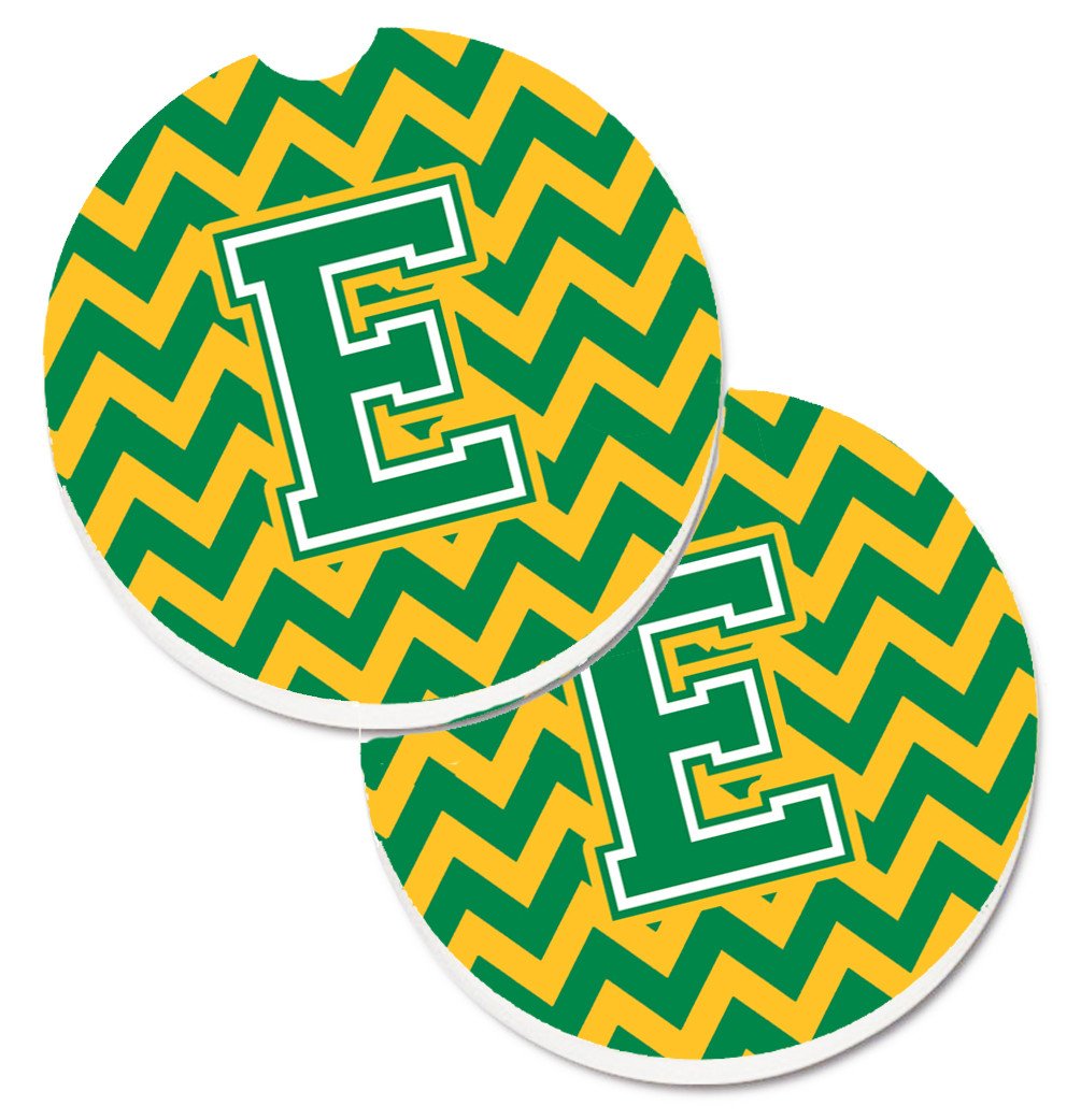 Letter E Chevron Green and Gold Set of 2 Cup Holder Car Coasters CJ1059-ECARC by Caroline's Treasures