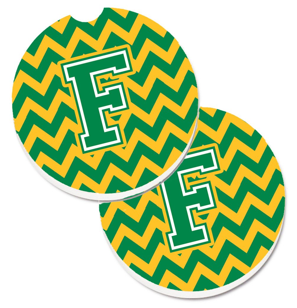 Letter F Chevron Green and Gold Set of 2 Cup Holder Car Coasters CJ1059-FCARC by Caroline's Treasures