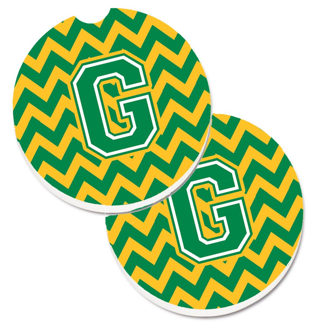 Letter G Chevron Green and Gold Set of 2 Cup Holder Car Coasters CJ1059-GCARC by Caroline's Treasures