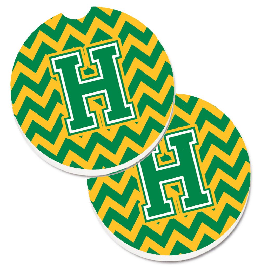 Letter H Chevron Green and Gold Set of 2 Cup Holder Car Coasters CJ1059-HCARC by Caroline's Treasures