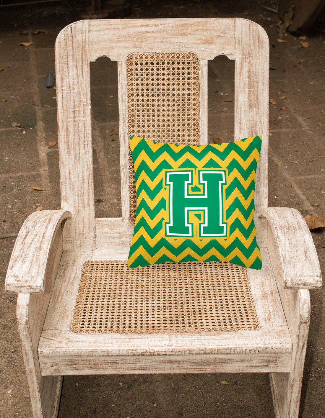 Letter H Chevron Green and Gold Fabric Decorative Pillow CJ1059-HPW1414 by Caroline's Treasures