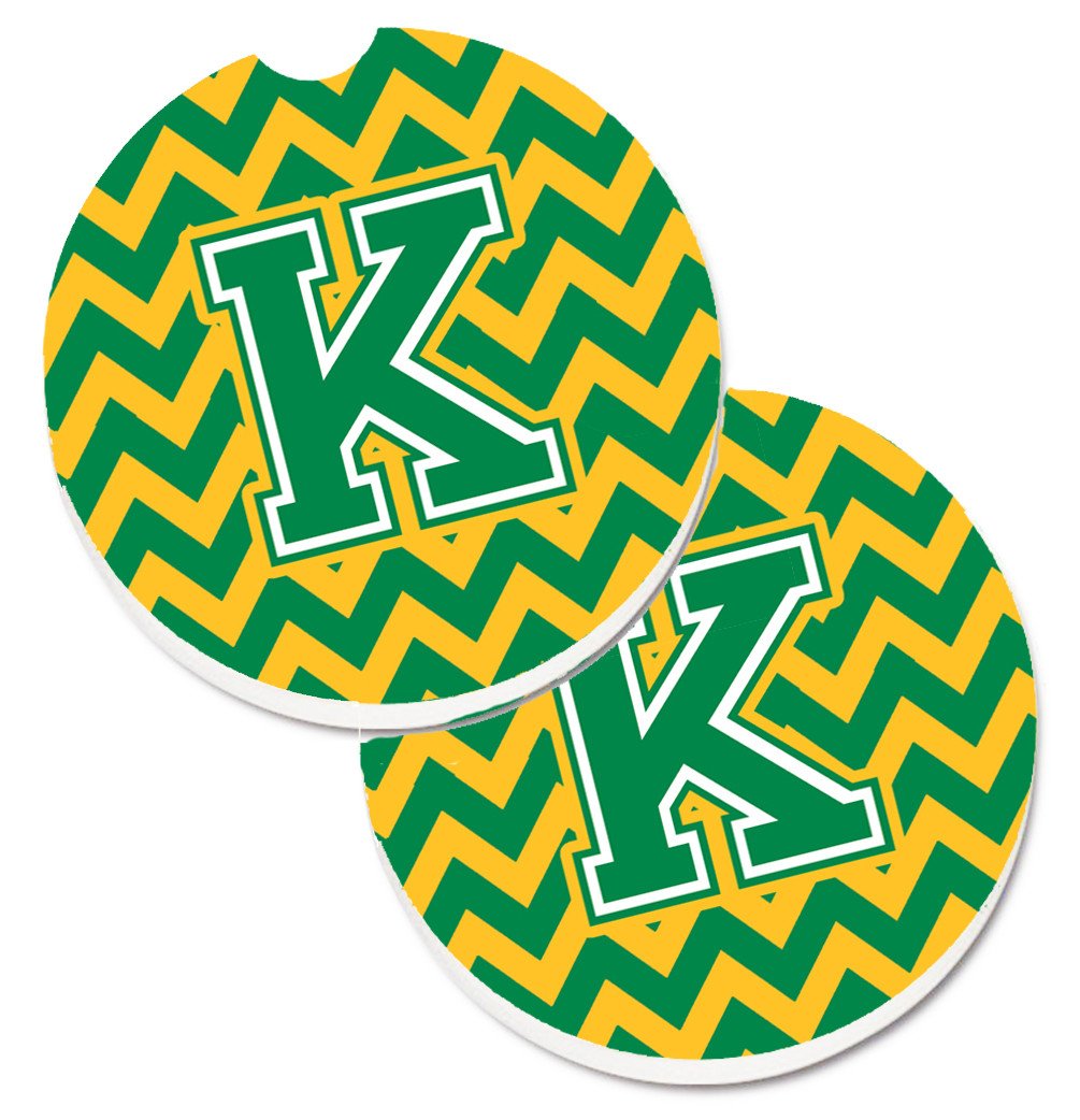 Letter K Chevron Green and Gold Set of 2 Cup Holder Car Coasters CJ1059-KCARC by Caroline's Treasures