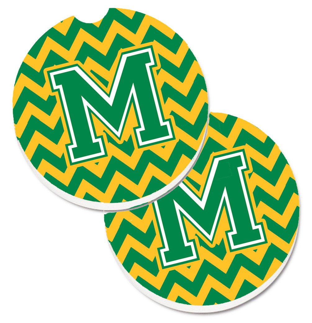 Letter M Chevron Green and Gold Set of 2 Cup Holder Car Coasters CJ1059-MCARC by Caroline's Treasures