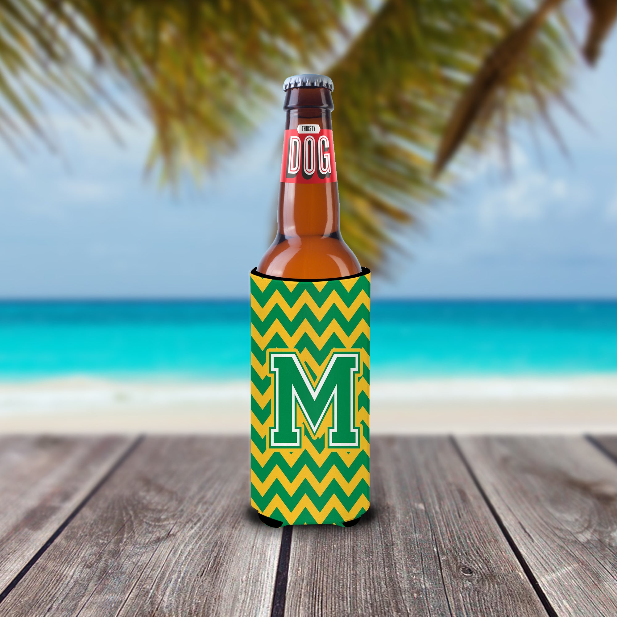 Letter M Chevron Green and Gold Ultra Beverage Insulators for slim cans CJ1059-MMUK.