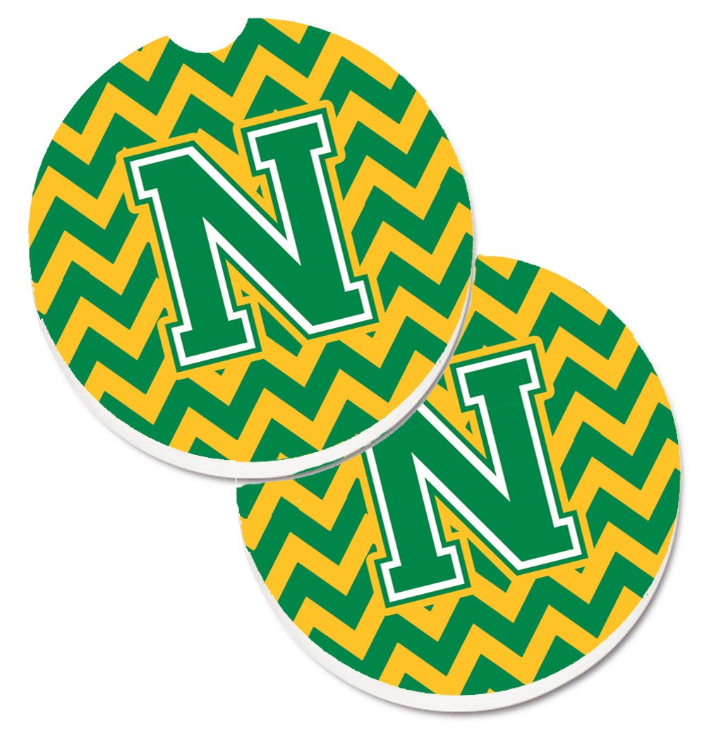 Letter N Chevron Green and Gold Set of 2 Cup Holder Car Coasters CJ1059-NCARC by Caroline's Treasures