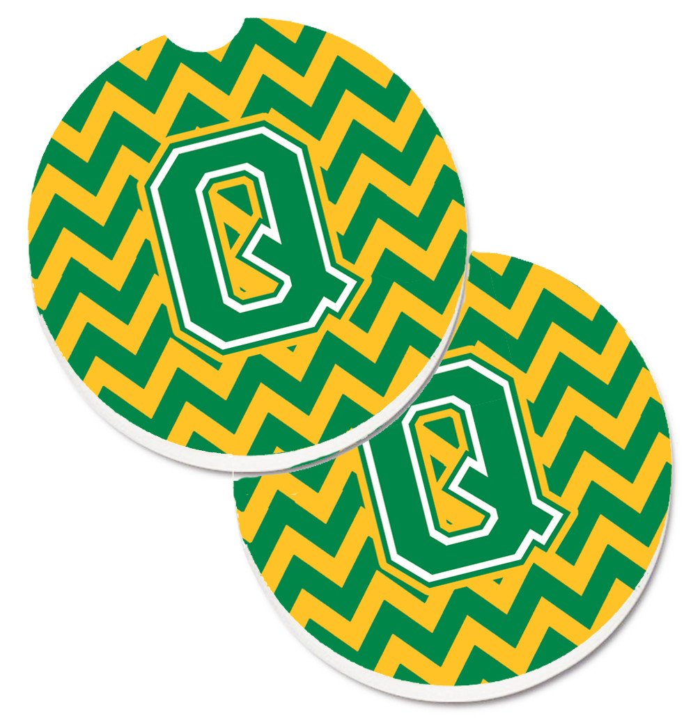Letter Q Chevron Green and Gold Set of 2 Cup Holder Car Coasters CJ1059-QCARC by Caroline's Treasures