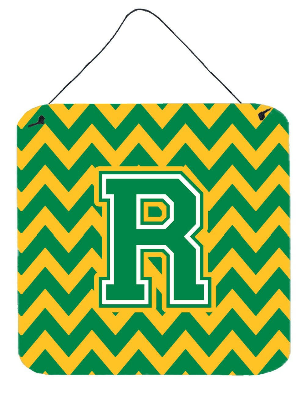 Letter R Chevron Green and Gold Wall or Door Hanging Prints CJ1059-RDS66 by Caroline's Treasures