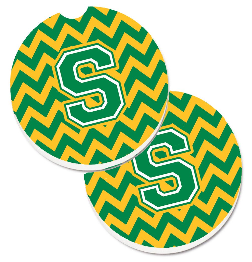 Letter S Chevron Green and Gold Set of 2 Cup Holder Car Coasters CJ1059-SCARC by Caroline's Treasures