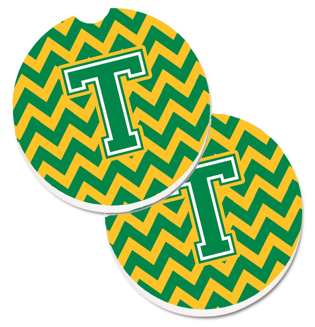 Letter T Chevron Green and Gold Set of 2 Cup Holder Car Coasters CJ1059-TCARC by Caroline's Treasures