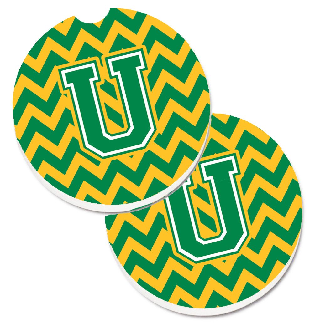 Letter U Chevron Green and Gold Set of 2 Cup Holder Car Coasters CJ1059-UCARC by Caroline's Treasures