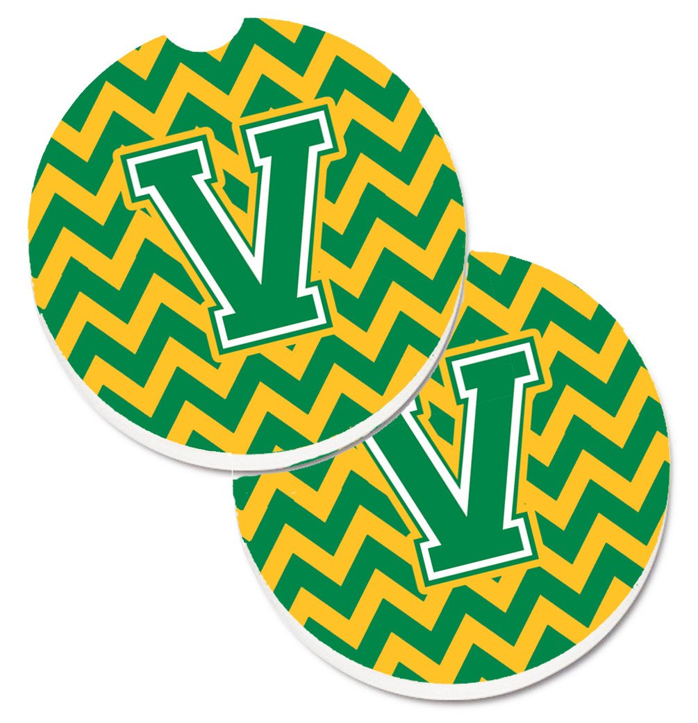 Letter V Chevron Green and Gold Set of 2 Cup Holder Car Coasters CJ1059-VCARC by Caroline's Treasures