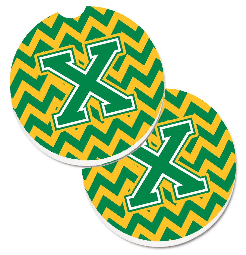 Letter X Chevron Green and Gold Set of 2 Cup Holder Car Coasters CJ1059-XCARC by Caroline's Treasures